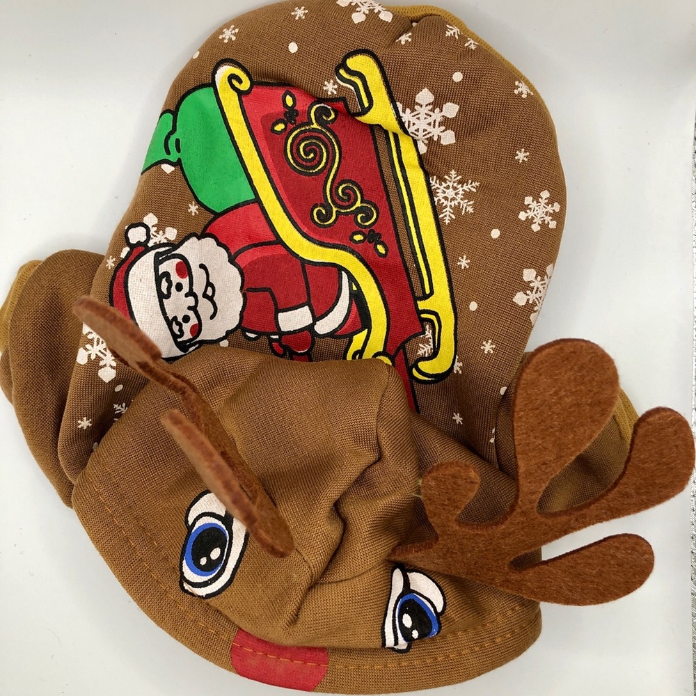 Christmas Reindeer dog costume, with picture of Santa riding sled
